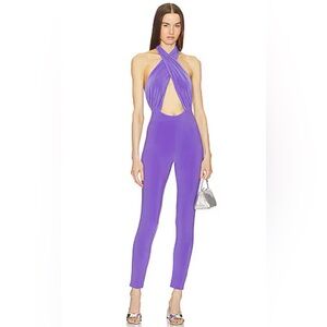 Norma Kamali cross halter catsuit grape Purple Cutout Jumpsuit NEW NWT SMALL